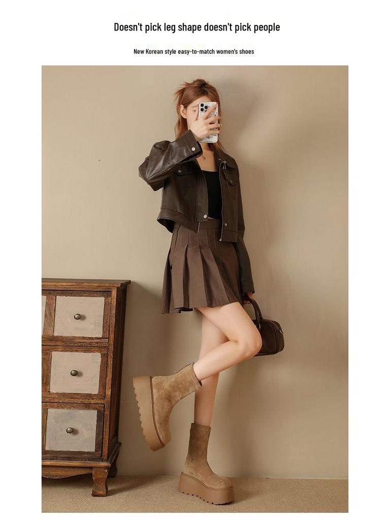 Dam 2025 Bruna Martin Plattformstövlar: Ny Höst, Tjocksulade, Höjdökande, Trendiga, Korta Stövlar