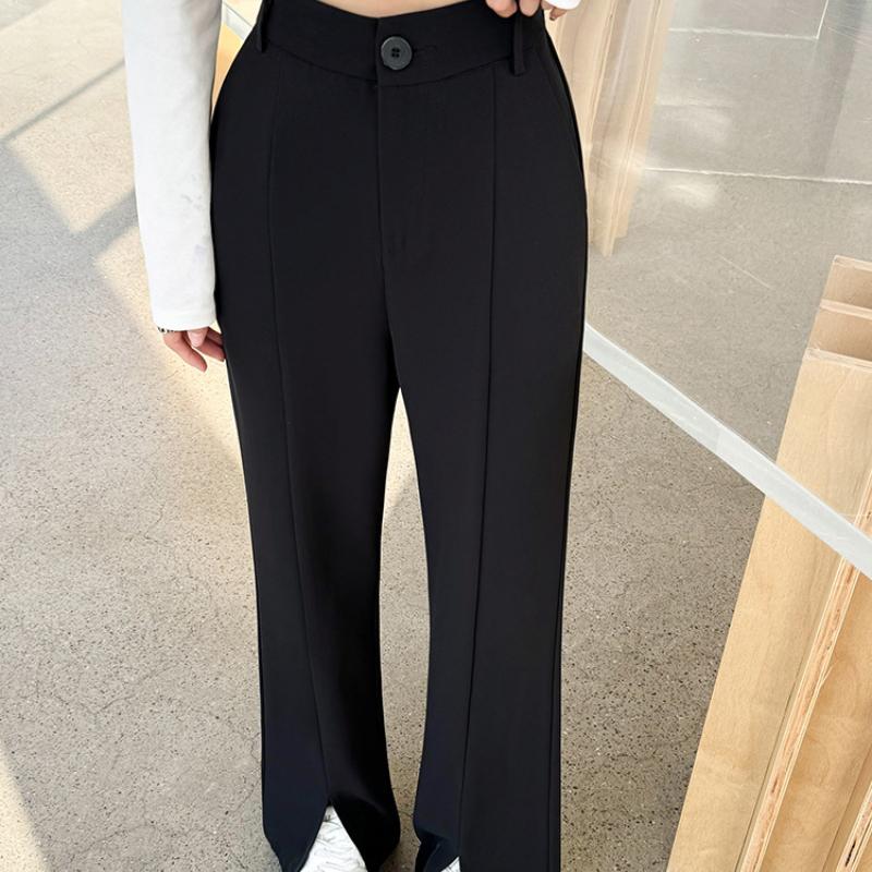 Black Flared Wide-Leg Pants High Waist Draped Petite Casual Slim Straight Floor-Length Split Suit Pants