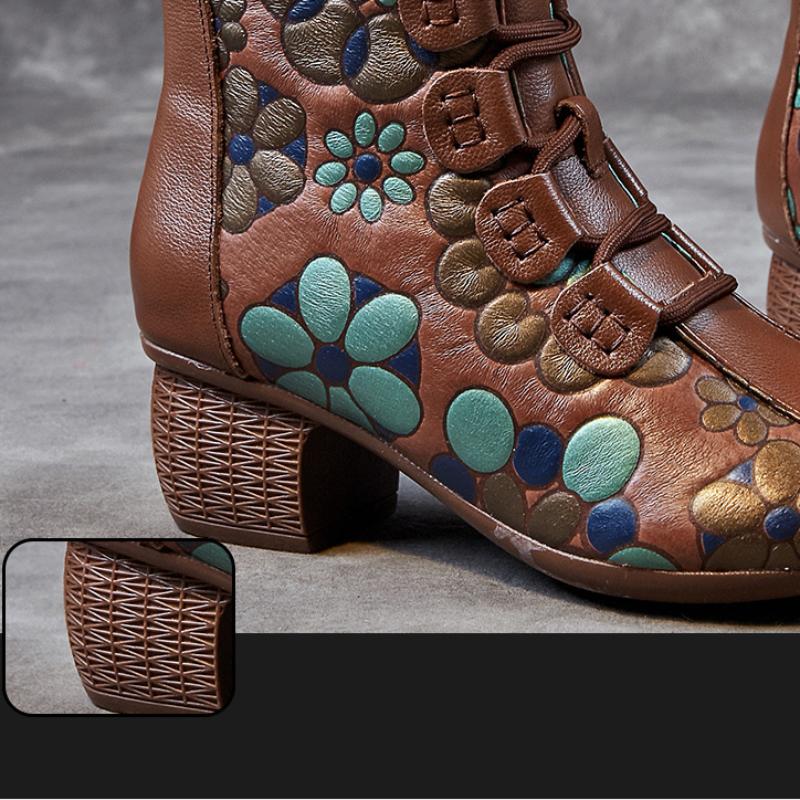 Johnature morbidi stivali corti caldi stampa retrò in vera pelle tacchi spessi e suole morbide scarpe da donna