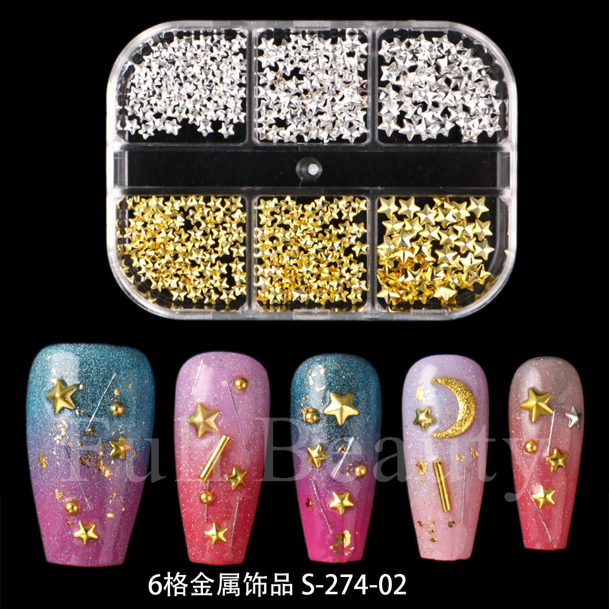 

New 6-grid nail art jewelry metal three-dimensional love star gold and silver nail art jewelry