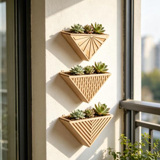 Wood Planter Box for Indoor Plants Wall Mounted Boho Hanging Planter Small Triangle Shaped Flower Pot for Living Room Bedroom Kitchen Office Home Wall