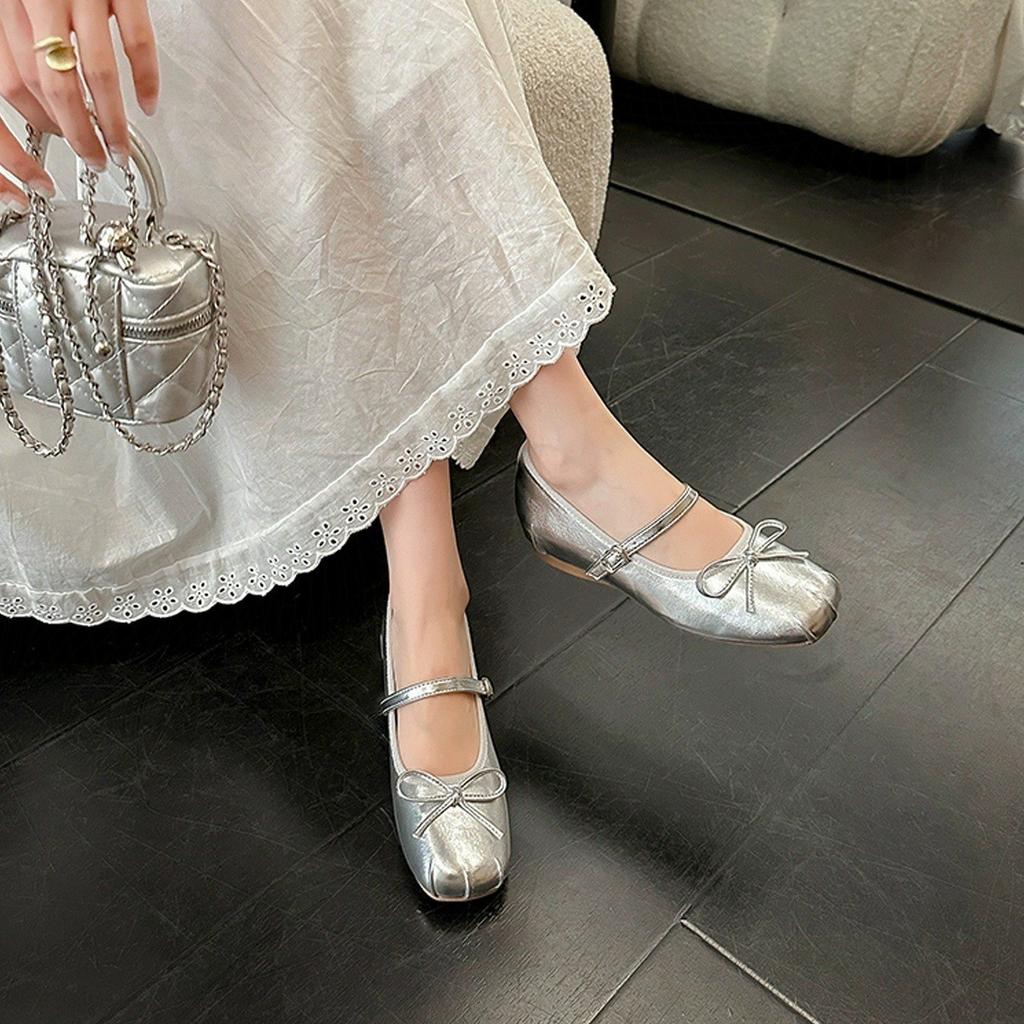 Inner Height Increase Mary Jane Women's Shoes 2025 New Summer French Ballet Light Mouth Silver Shoes