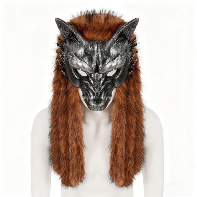 

Werewolfs Mask Faux Furs Vikinges Foxes Mask Headpiece Furry Animal Mask Werewolfs Cosplay Costumes for Dressing Up Party коричневий