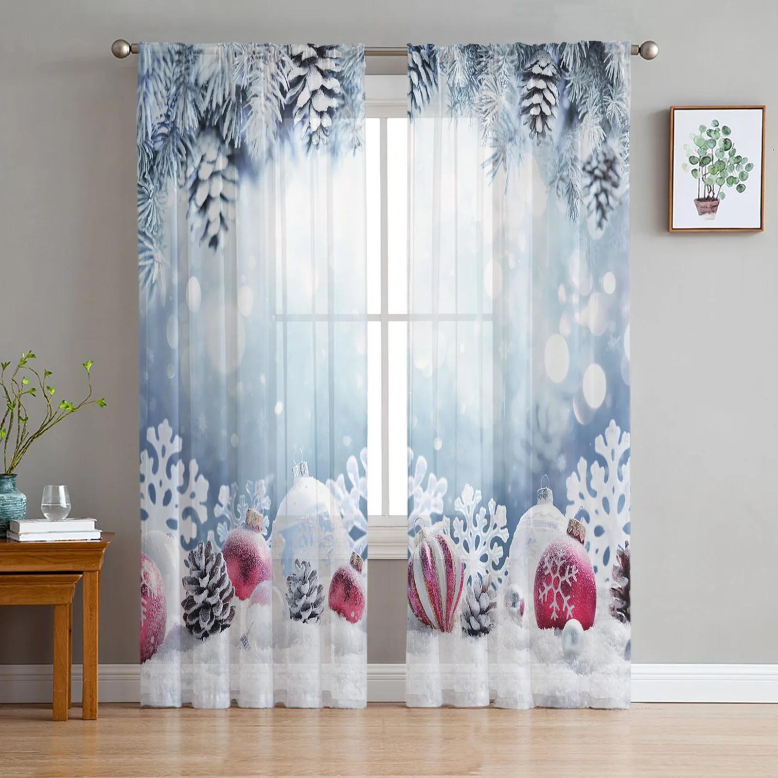 

Xmas Winter Christmas Tree Winter Design Transparent Drapes Household Window Panel Decorations Light Voile Fine Netting Drapes For Living Room W135 x H115cm x1&Rod Pocket