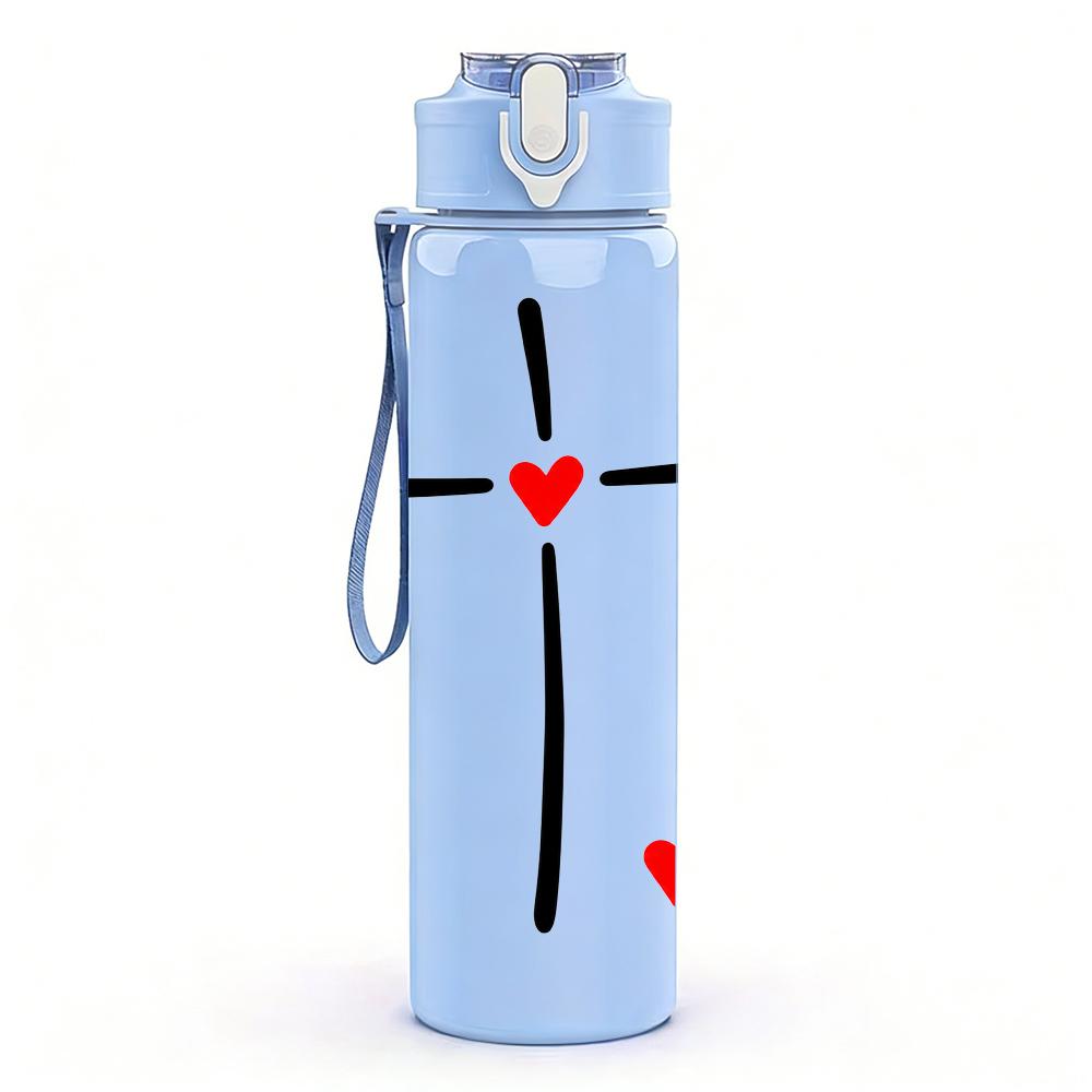 1PC Red Heart Center Cross Faith 750ml Color Plastic Sports Water Bottle Leakproof Flip Straw Lid Suitable for Sports Office Home Use