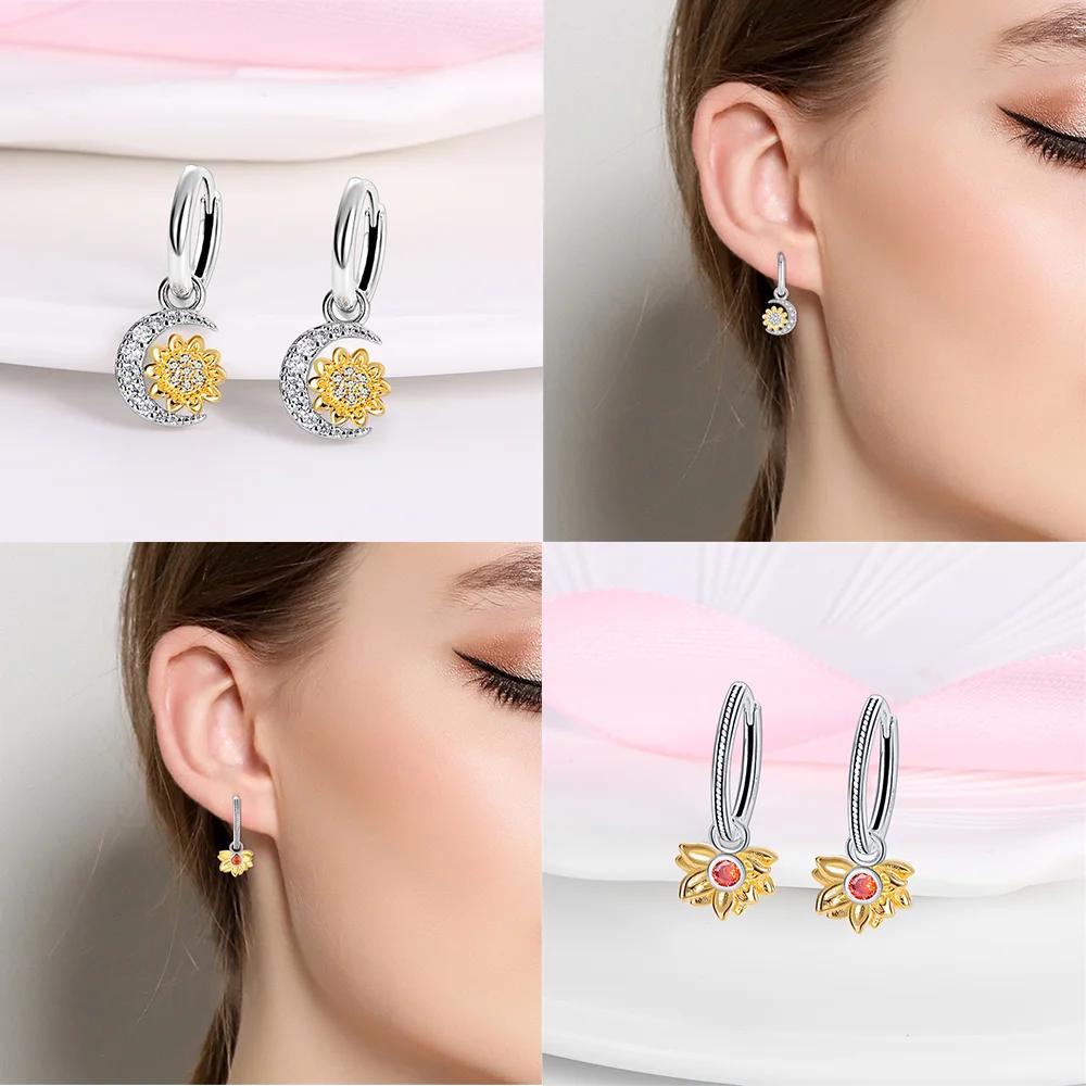 Authentic copper Sunflower Woman Earring Moon Flower Butterfly Dragonfly Earring Accessories Valentines Fine Gift Jewellery Set