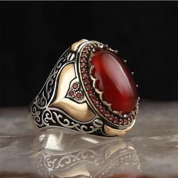Retro Handmade Turkish Signet Rings for Men Ancient Silver Color Carved Ring Mystic Zircon Inlay New Punk Motor Biker Ring