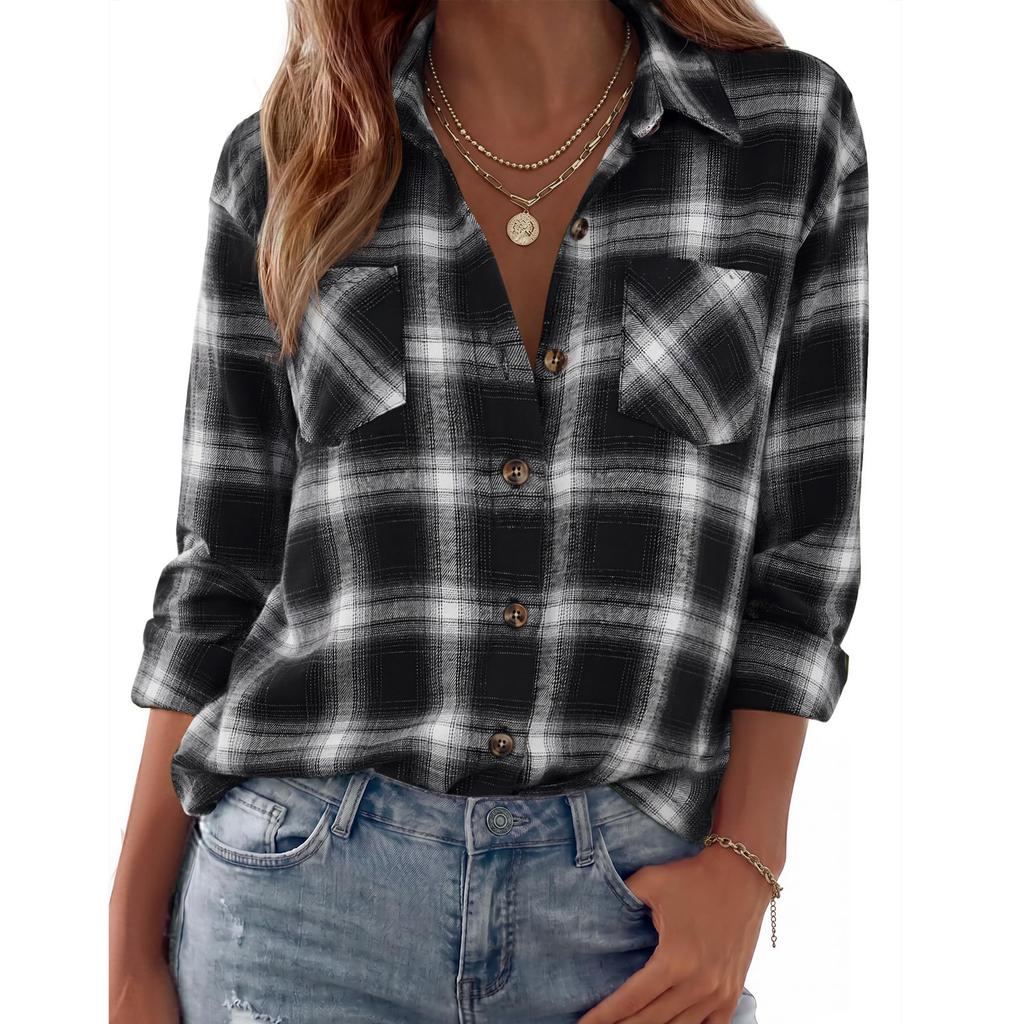 Dames Casual Geruite Openvallende Lange Mouwen Shirtjas met Kraag
