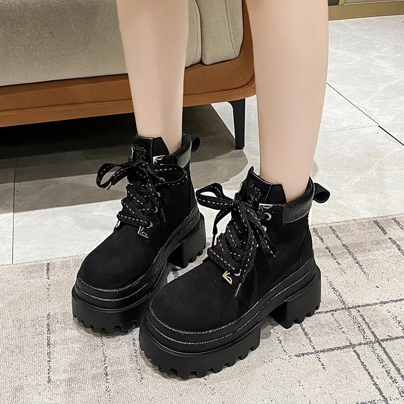 Women Autumn Winter Leather Ankle Boots 9CM Chunky Heels Motorcycle Boots Woman Thick Bottom Lace-up High Platform Short Booties
