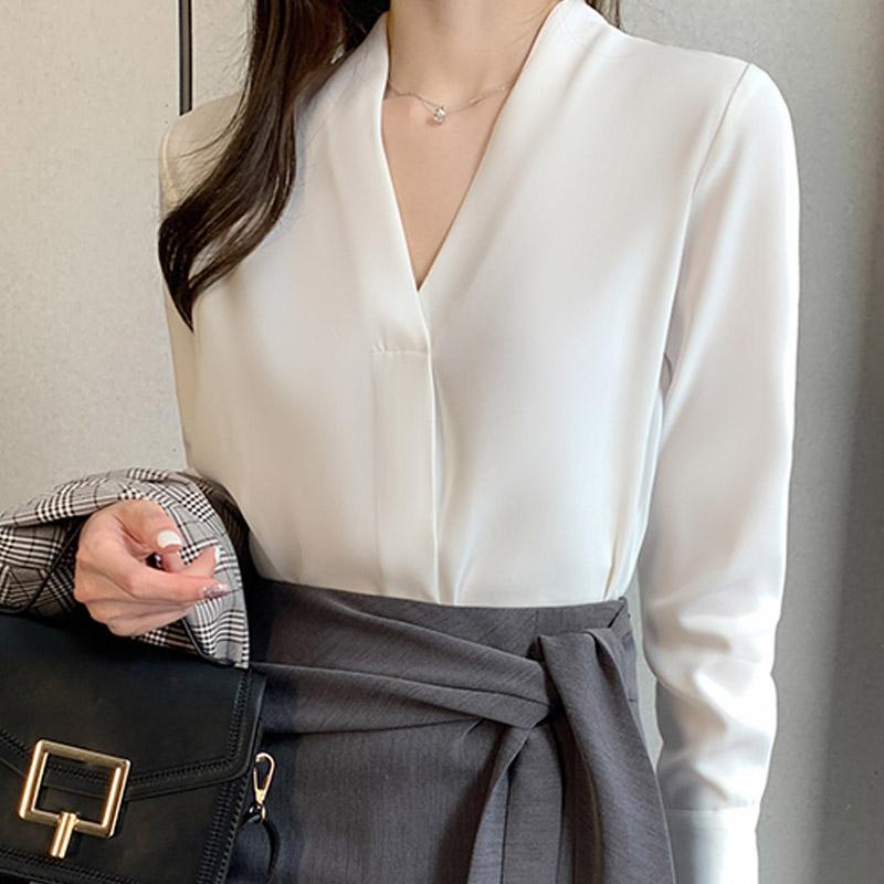 Fashion 2025 Spring Blouses Shirts Long Sleeve V-Neck Office Lady White Chiffon Blouse Shirt Women Tops J755