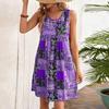 Women's Rose Flower Fake Two-piece Personalized Retro Style Printed Sleeveless Round Neck Dress Loose Soft and Comfortable Plus Size Dress