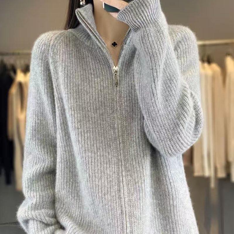 Dámský silný pletený kardigan na zip - Volný, ležérní styl, univerzální svetr z umělé vlny