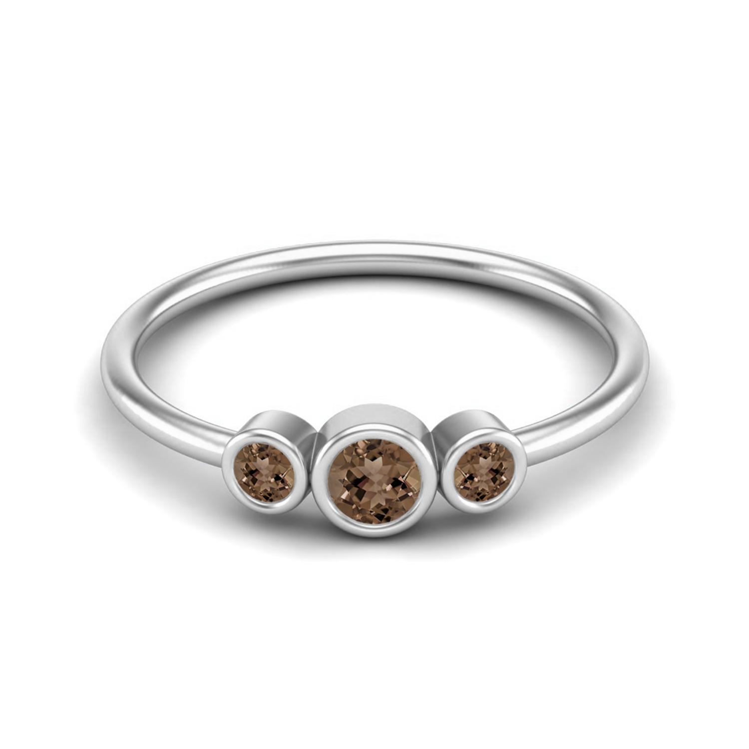 Tiny Three Stone 3mm Round Smoky Quartz 925 Sterling Silver Stackable Women Wedding Ring 9 белый