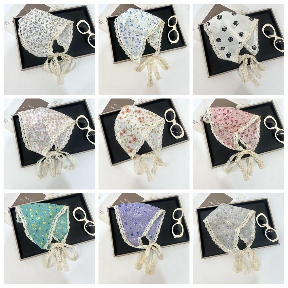 Lattice Lace Hair Scarf Pastoral Style Printing Hair Scarf Vintage Triangle Hair Band Strap  Women