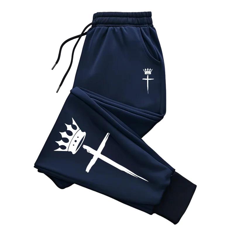 Cross-crown Men Sweatpants Pocket Crown Cross Motif, Leg Black Brush Print, Side Pocket Drawstring Jogger Pants for Urban Daily Wear