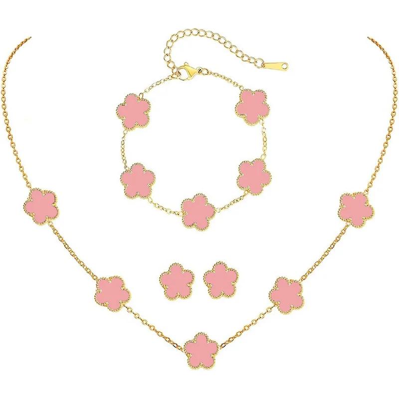 Conjunto de Joias Trevo Cor Prata para Mulheres Aço Inoxidável Hipoalergênico À Prova D'água Brincos Flor Colar Corrente Pulseira Novo