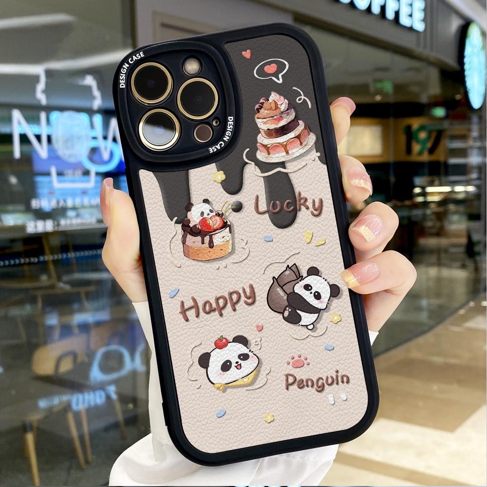 Cute Cake Panda PU Leather Phone Case for iPhone 15 14 13 12 Pro Max Samsung Galaxy S23 Ultra S20 FE A52 Redmi Xiaomi POCO Soft Cover