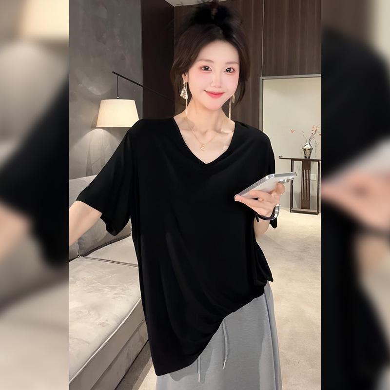 

Women s Black V-Neck Plus Size Loose-Fit Short-Sleeve T-Shirt - Summer Korean Style Extra Large