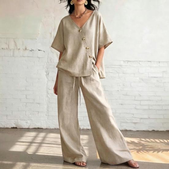 Conjuntos de Dos Piezas para Mujer Top de Manga Corta con Botones y Cuello en V y Pantalones Largos con Cordón Conjuntos de Verano para Estar en Casa