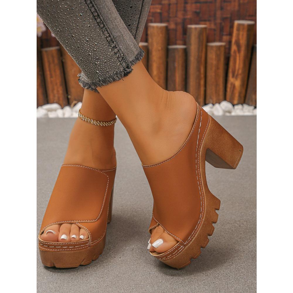 Plus Size Women Summer One Strap Thick Platform Chunky Heel Fish Mouth Slide Sandals Open Toe Height Increasing Beach Outdoor Shoes