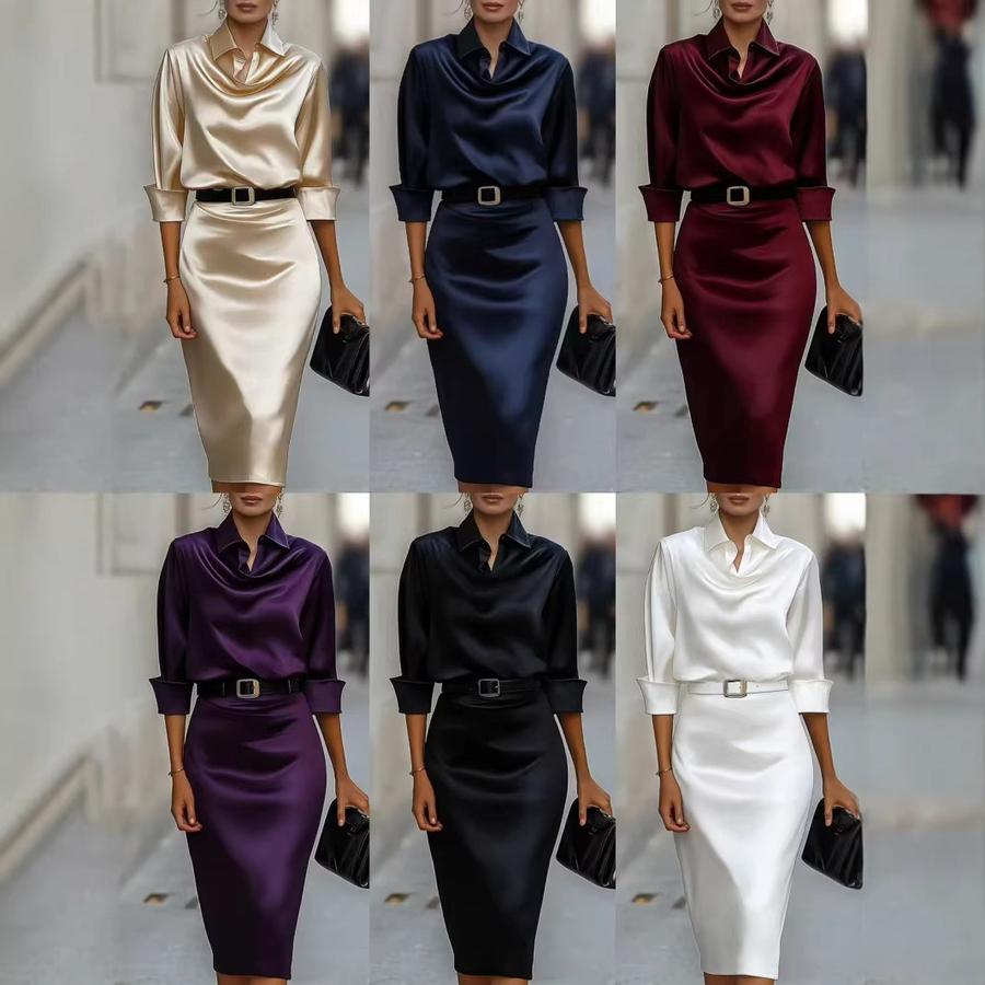 New Summer Slimming Satin Elegant Long Sleeve Dress for Women