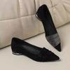 Women's Black Suede Pointed Toe Flats with Rhinestones