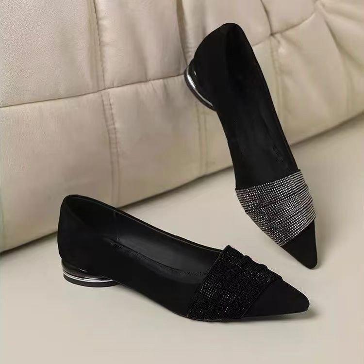 Women's Black Suede Pointed Toe Flats with Rhinestones