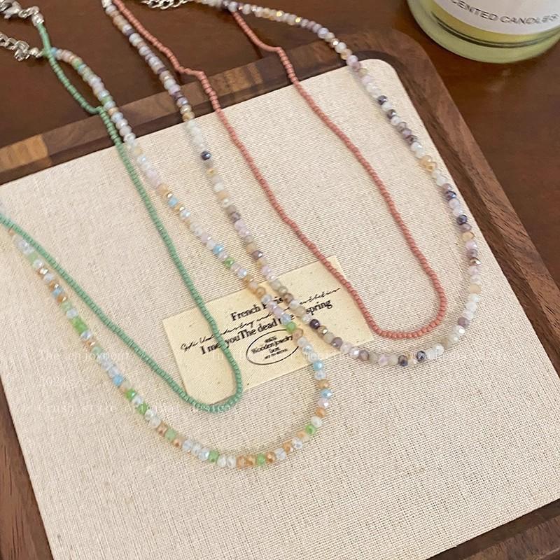 Summer Dopamine Color Beaded Necklace Female Double Layer Stacked Collarbone Chain Neck Chain