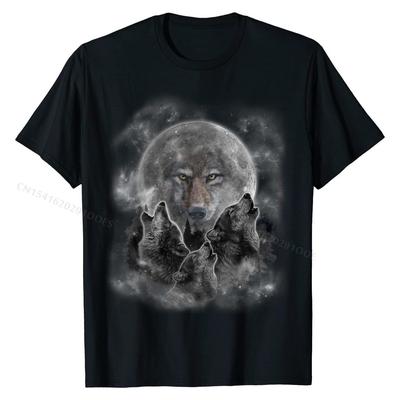 T-Shirt, Three Wolves Howling, Full Moon W Wolf Silhouette Oversized Mens T Shirts Cotton Tops & Tees Street