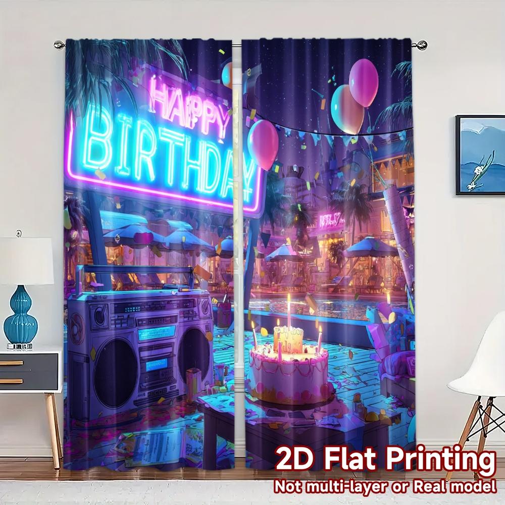 

Set Of 2 Flat Printing Curtains Without Rod Neonbirthdayvibes Chic Fashionable Polyester Versatile All Curtain Made W100*H70(CM)-Grommet top&2PCS