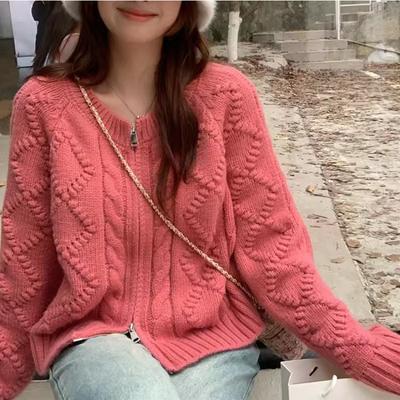 Korean Style Retro Twist Double Zipper Sweater Jacket for Women Autumn Round Neck Loose Diamond Knitted Short Cardigan Top