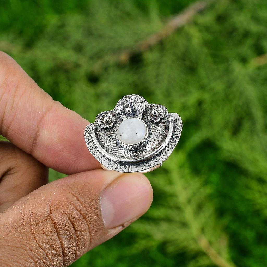 Natural Rainbow Moonstone Stackable Flower Adjustable Ring 925 Silver