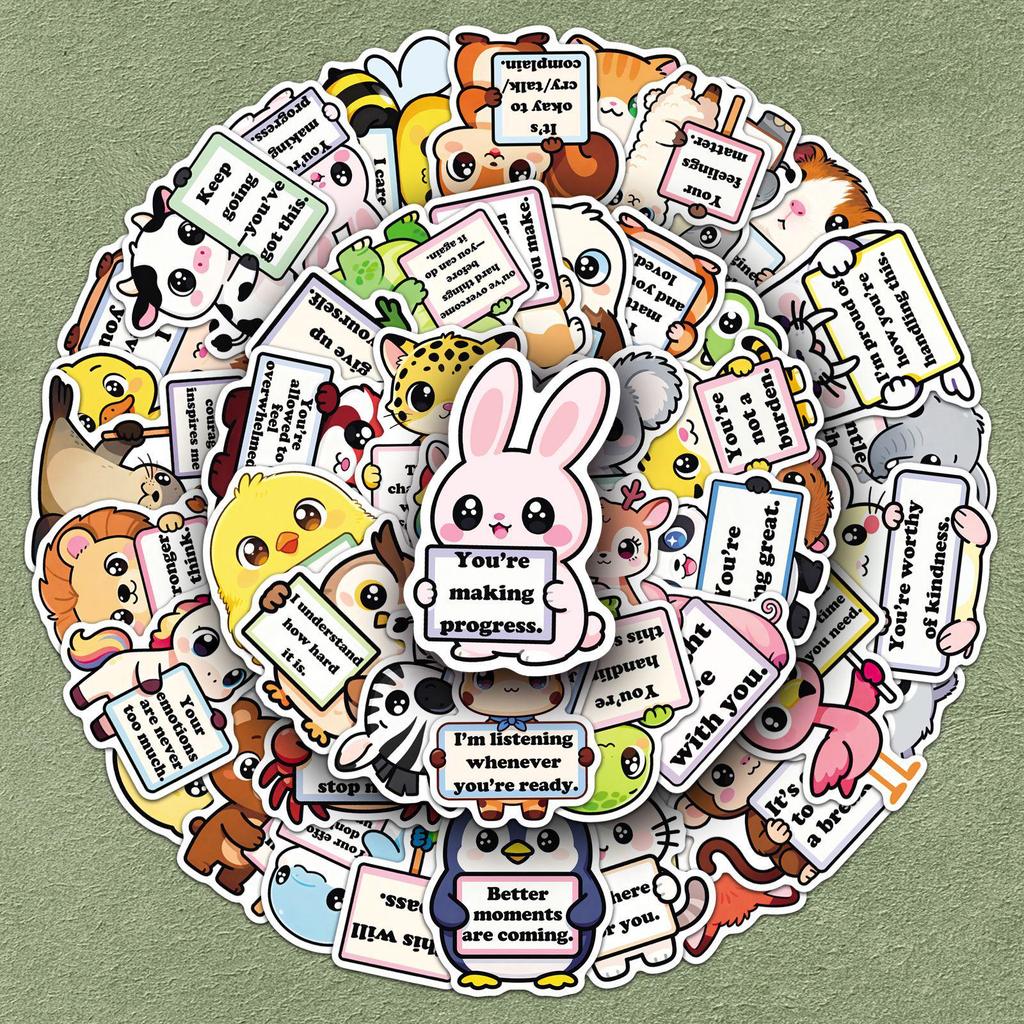 50-Pack Cute Animal Inspirational Stickers for Fridge, Phone, and Desktop