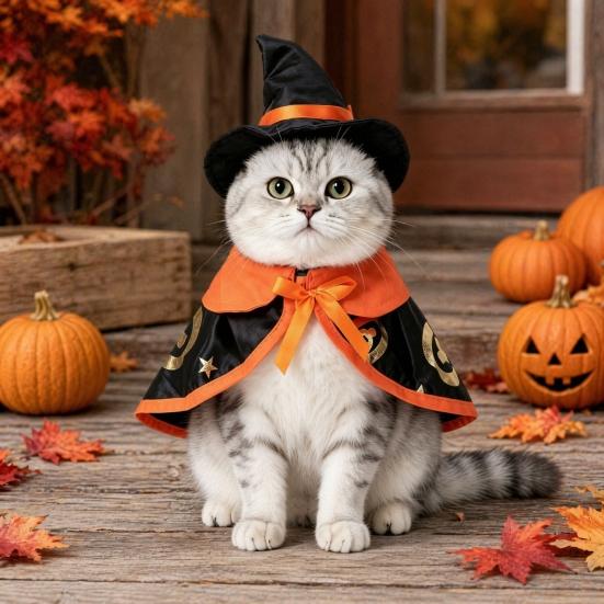 Yangyizhi 1 Set Pet Halloween Costume, Cat Wizard Hat And Cape, Cute Pumpkin Print Apparel for Small Dogs Cats Festive Party Wear