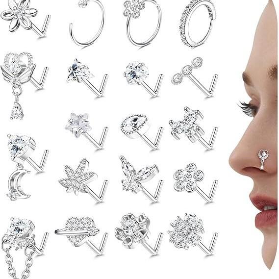 Multi-Style 316 Stainless Steel Diamond-Inlaid Flower Butterfly Heart Nose Stud Set Unisex Body Jewelry