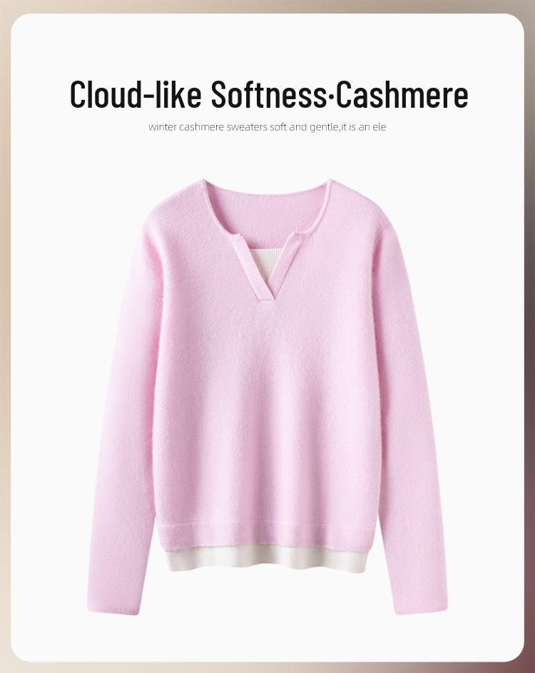Women's Loose V-Neck Spliced Cashmere Sweater with Contrasting Colors