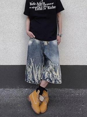 Heren Retro Gewassen Bliksempatroon Denim Shorts - High Street Losse Pasvorm, Wijde Cropped Broek voor de Zomer