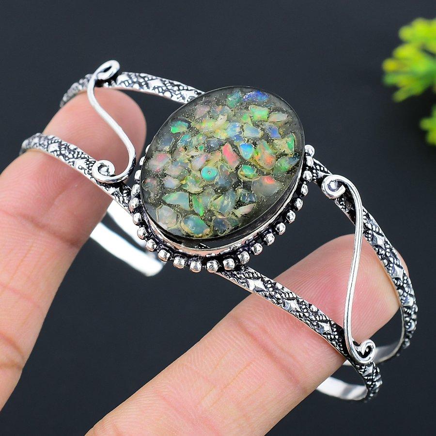 Ethiopian Opal Gemstone Handmade 925 Sterling Silver Cuff Bangle Adjustable s1Y95