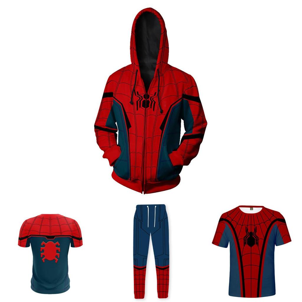 Felpa con zip T-shirt Pantaloni Set Spiderman Hip Hop Marvel Costume Cosplay