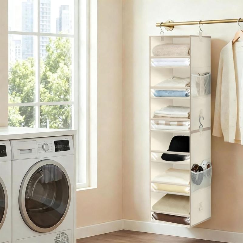 Foldable Hanging Closet Organizers Shelves in Nonwoven Fabric with 3 Storage Levels and a Side Pocket for Small Accessories