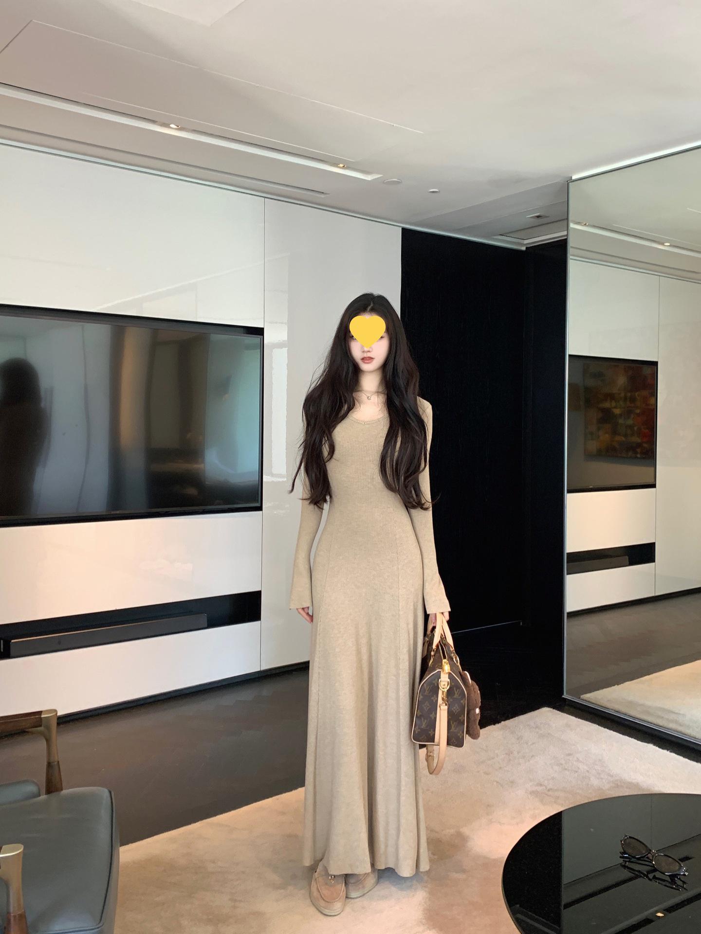 Famouswang Autumn 2025 Elegant Slimming Knit Dress with Long Sleeves L верблюд