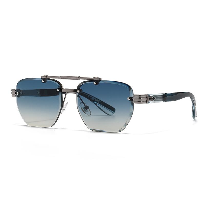 Double-beam frameless square sunglasses, retro metal trimmed sunglasses, unisex driving sunshades.