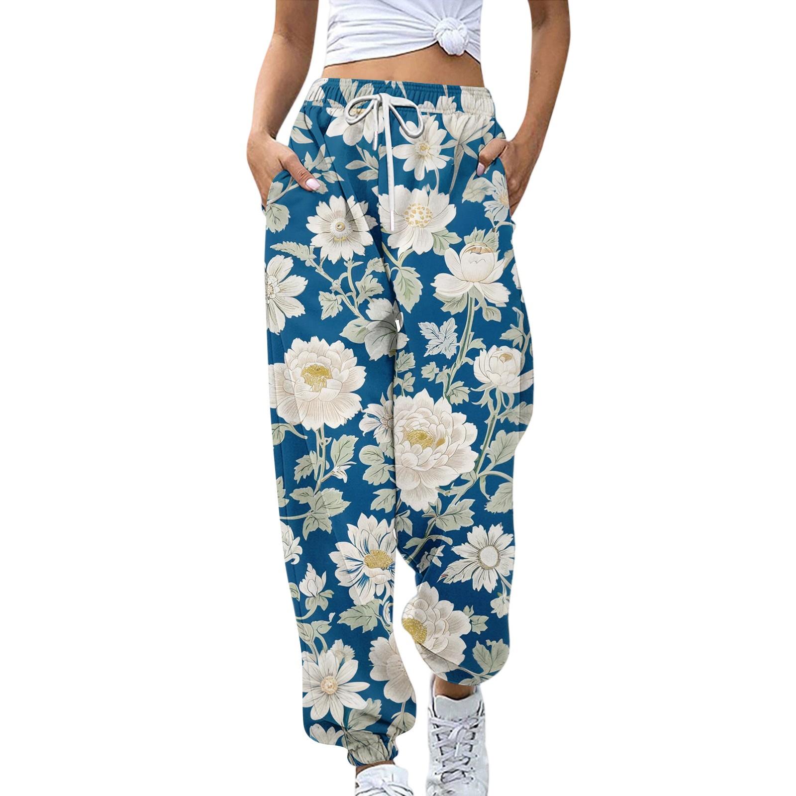 

Женские спортивные брюки с карманами, модные брюки с цветочным принтом, эластичной талией, повседневные спортивные штаны XXL