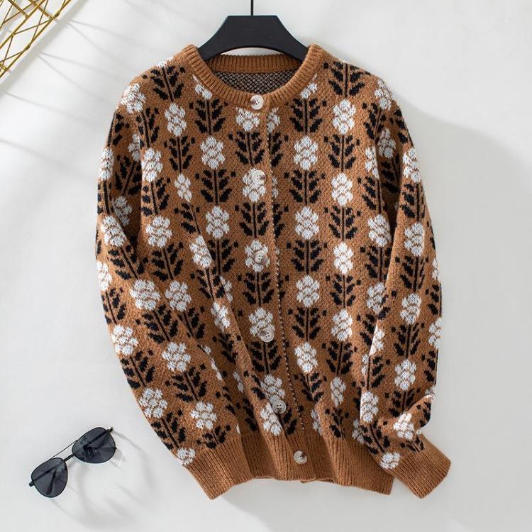 

Винтажный принт Круглый вырез Свободный крой Длинный рукав Трикотажный кардиган Свитер Топ на осень зиму XL верблюд