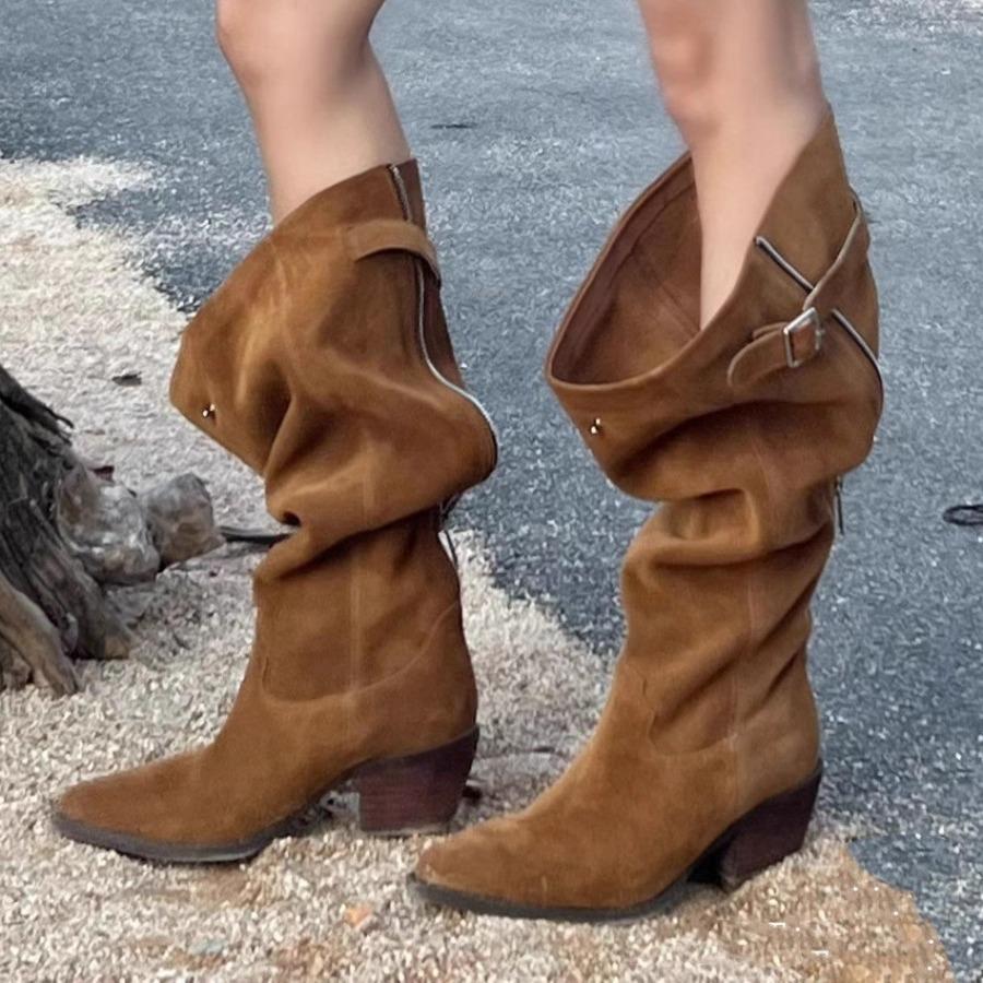 Spisse stor skaftomkrets høyhæl stabling støvletter nisjedesign bakglidelås retro western cowboy støvletter tykkhæl støvletter kvinner