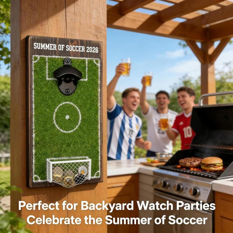 Soccer Field Bottle Opener Wall Decor, Magnetic Wall Mounted Beer Bottle Opener With Cap Catcher, Wooden Soccer Field Sign