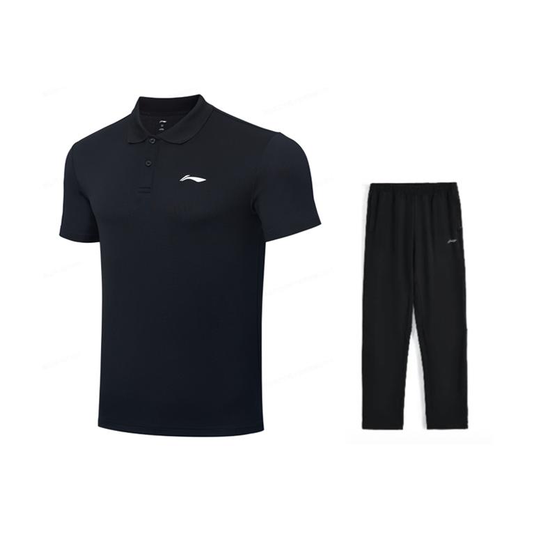 Li-Ning Summer Mens Polo Shirt Skin-Friendly Comfortable Breathable Lightweight Versatile Fashion Trendy Casual Sports Suit APLR125-9+AKLU881-1