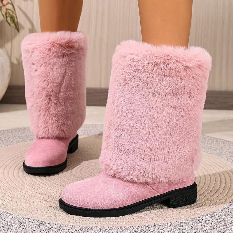 Luxury Faux Fur Thick Heel Suede Mid Calf Boots Women  Winter Fluffy Fur Pipe Designer Snow Boots Woman's Furry Long Booties