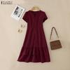 ZANZEA Women Casual V-Neck Short Sleeve Ruffles Hem Dress
