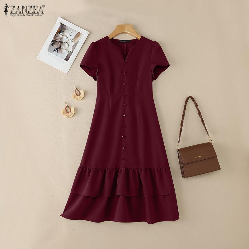 ZANZEA Women Casual V-Neck Short Sleeve Ruffles Hem Dress